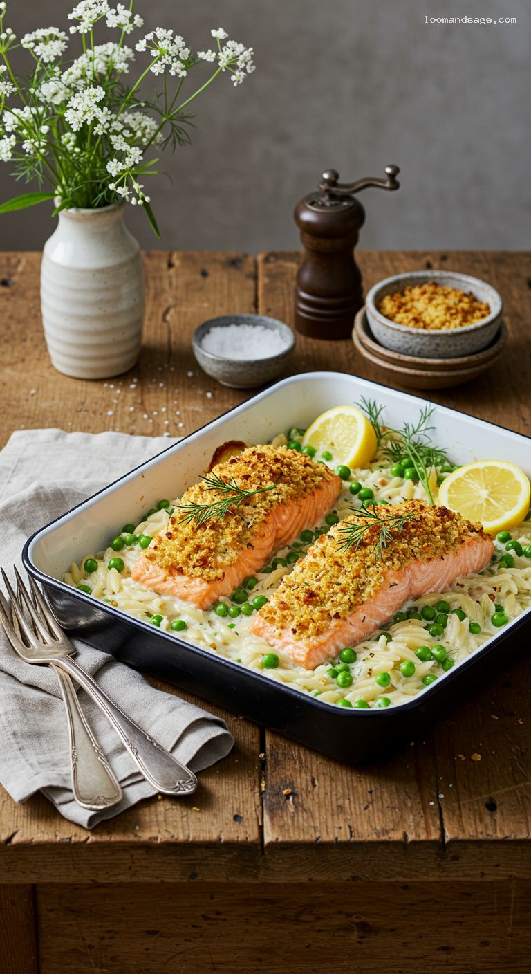 Creamy Lemon-Dill Salmon with Orzo and Peas