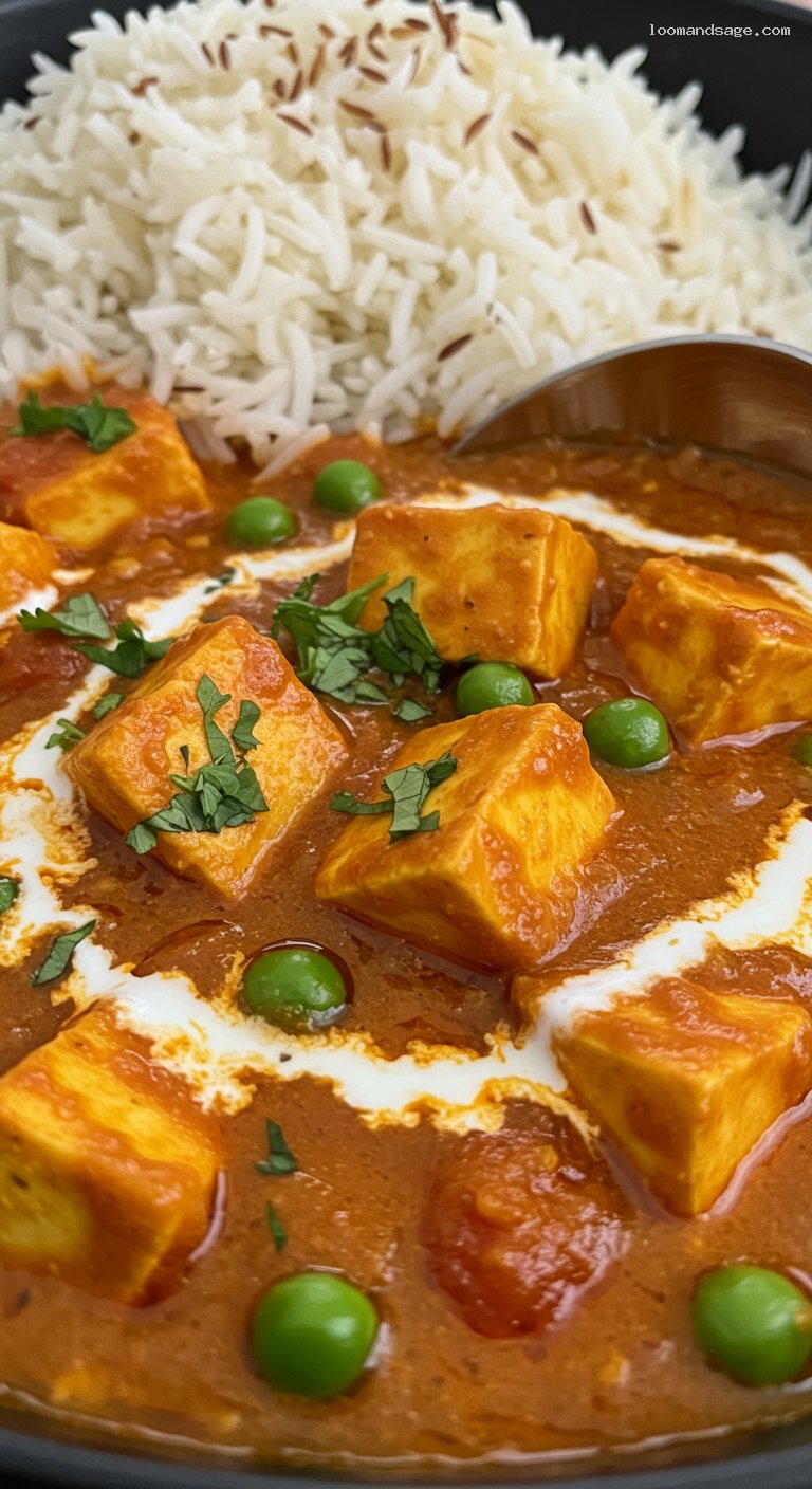 Creamy Matar Paneer with Jeera Rice – Closeup
