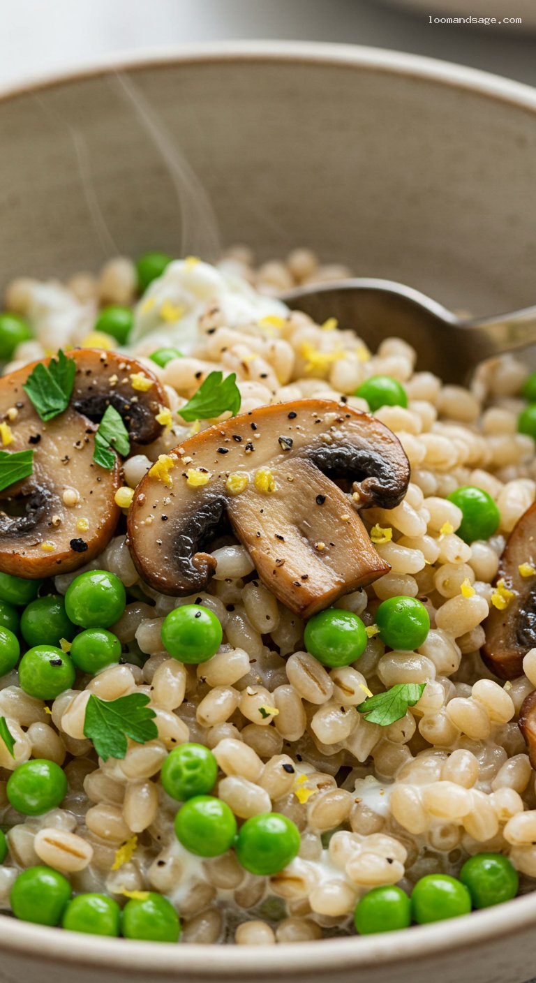 Creamy Mushroom and Pea Barley Risotto – Closeup