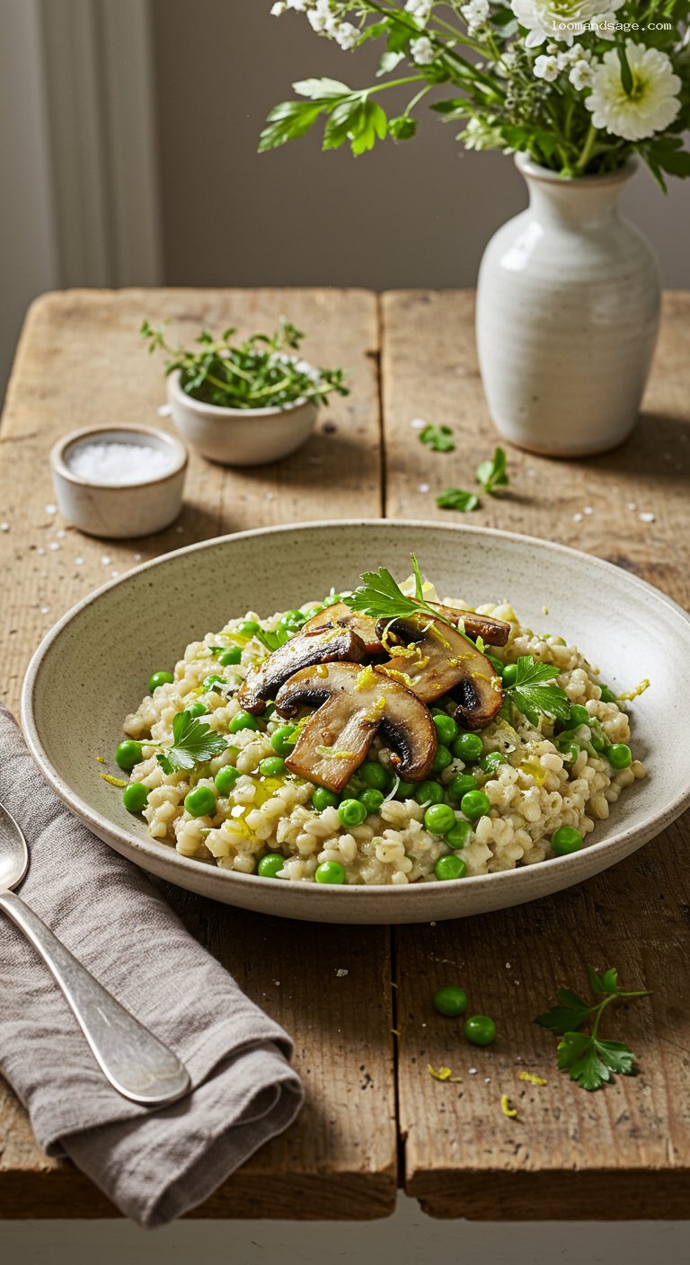 Creamy Mushroom and Pea Barley Risotto