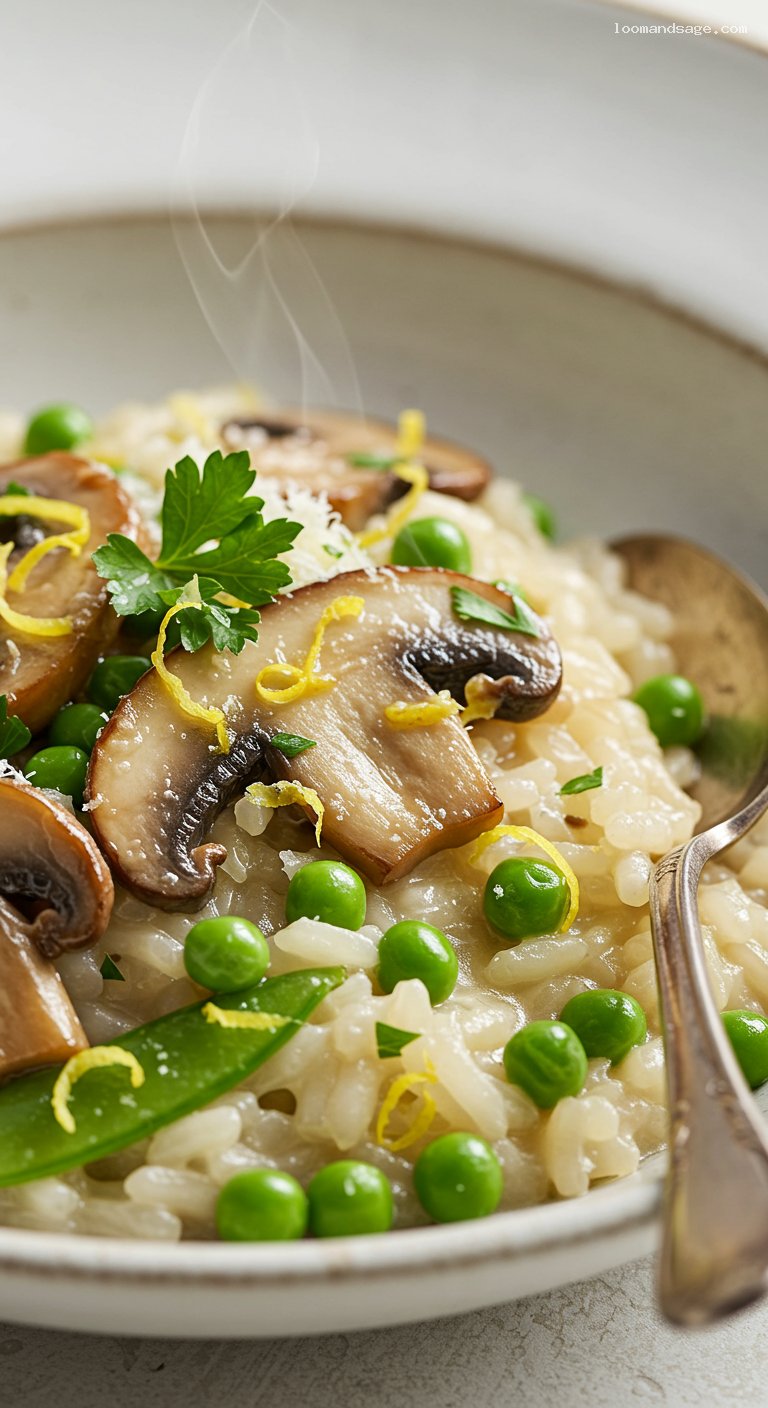 Creamy Mushroom and Pea Risotto with Lemon and Parsley – Closeup