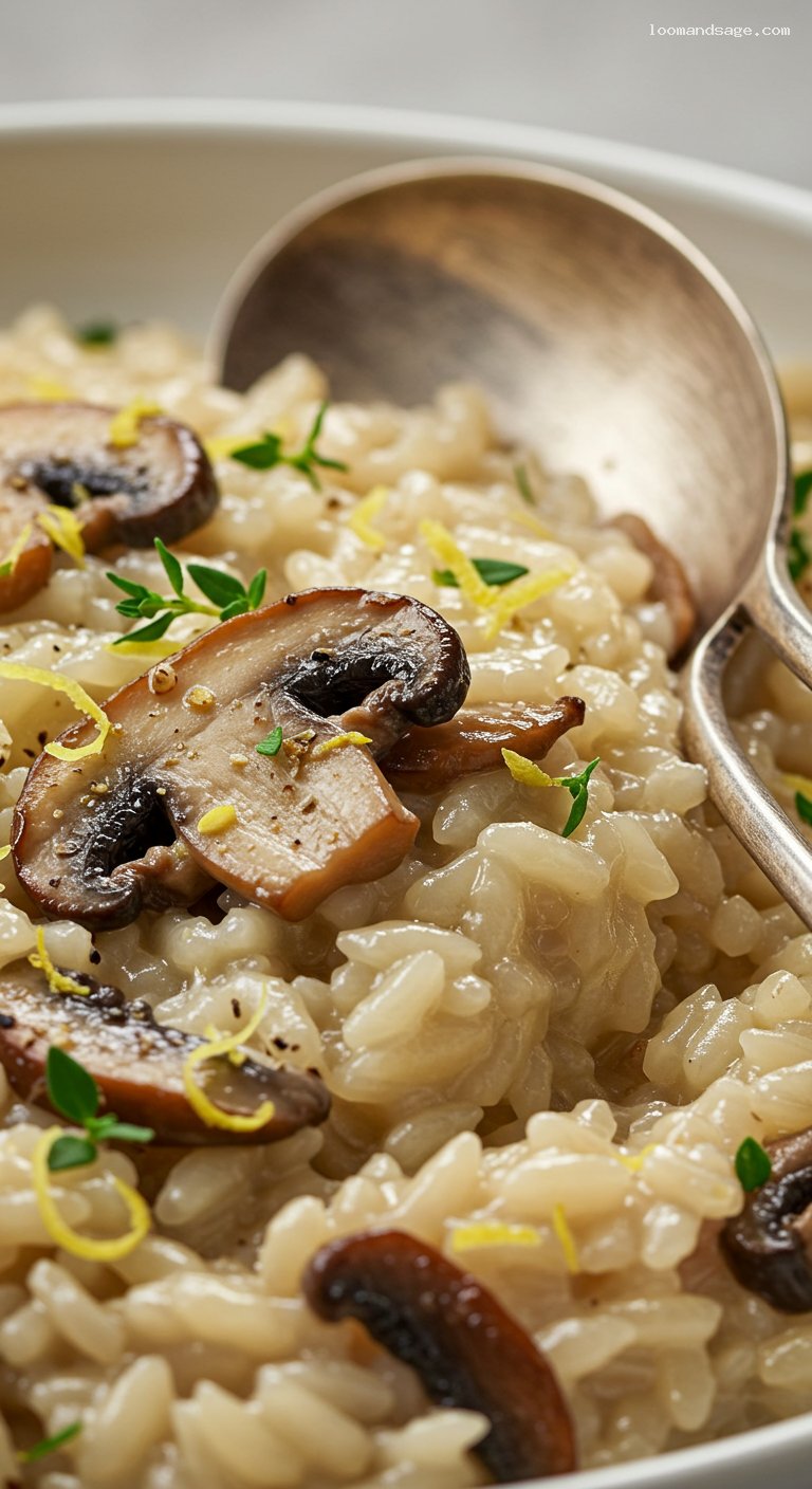 Creamy Mushroom Risotto with White Wine and Lemon – Closeup