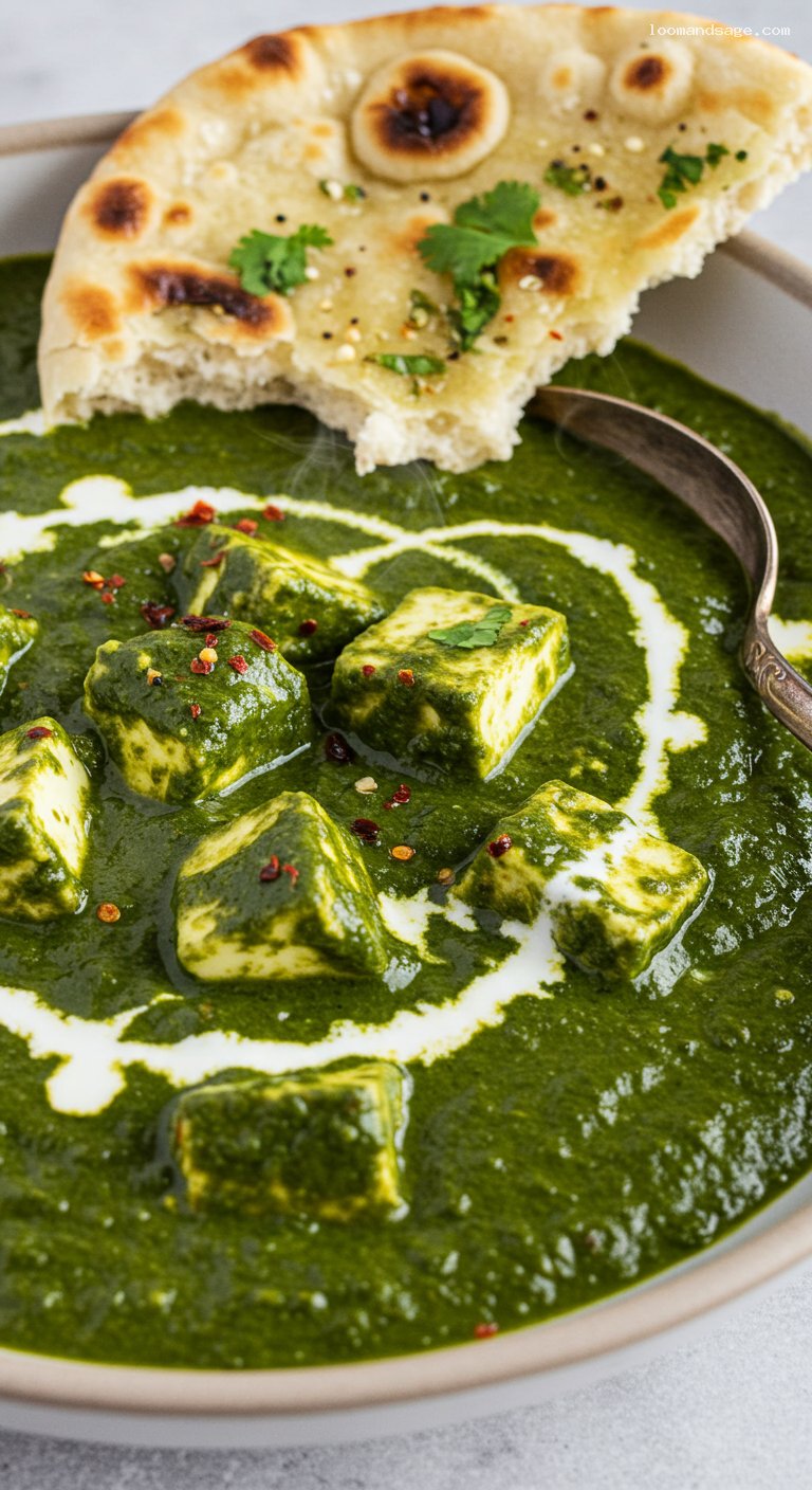 Creamy Palak Paneer with Buttery Naan – Closeup