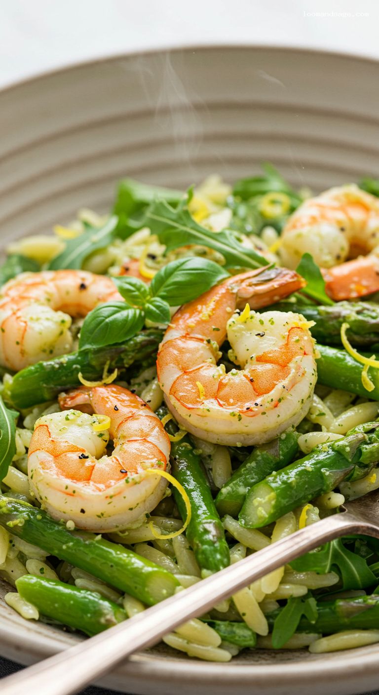 Creamy Pesto Shrimp and Asparagus Orzo Skillet – Closeup