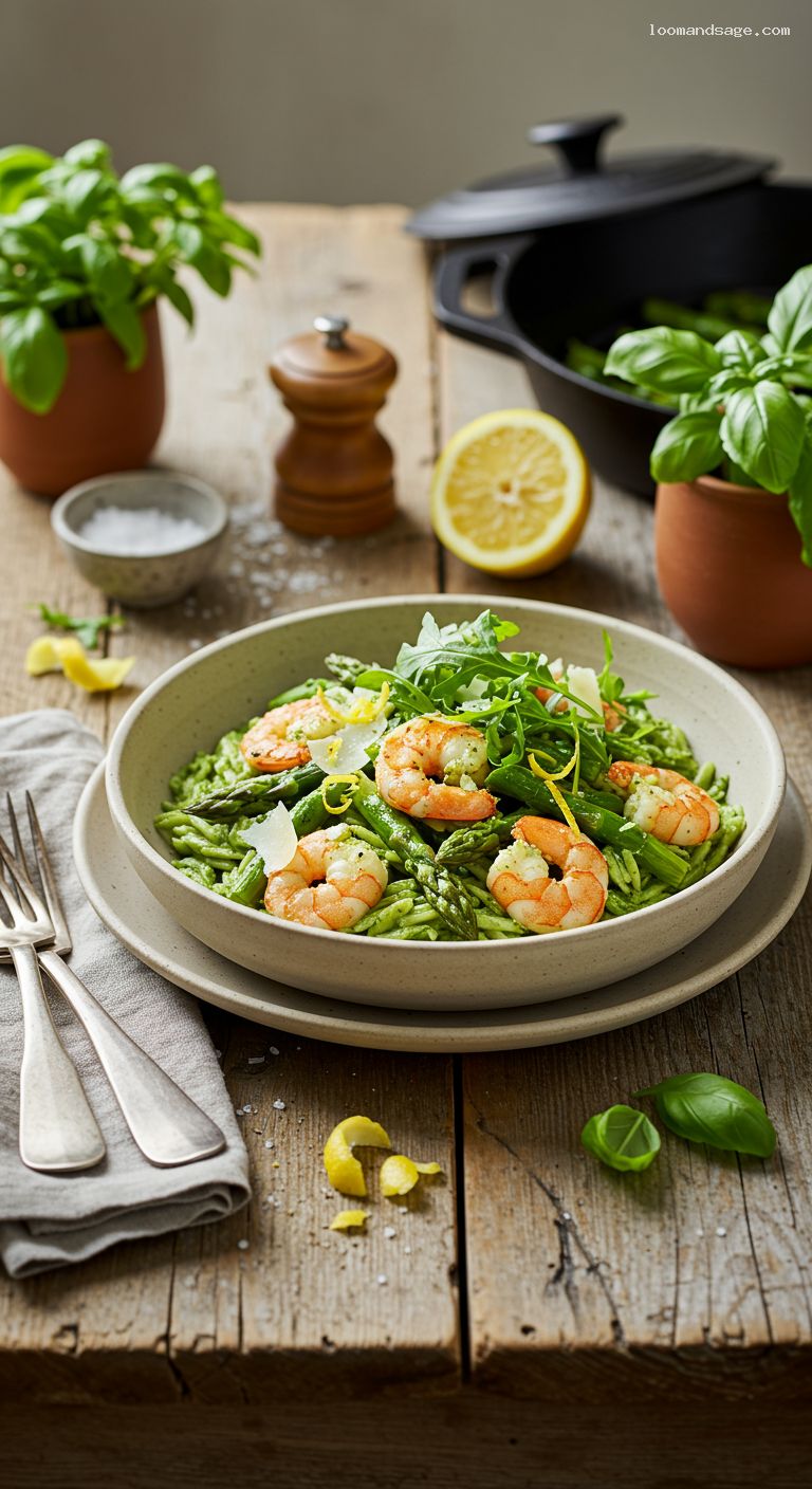 Creamy Pesto Shrimp and Asparagus Orzo Skillet