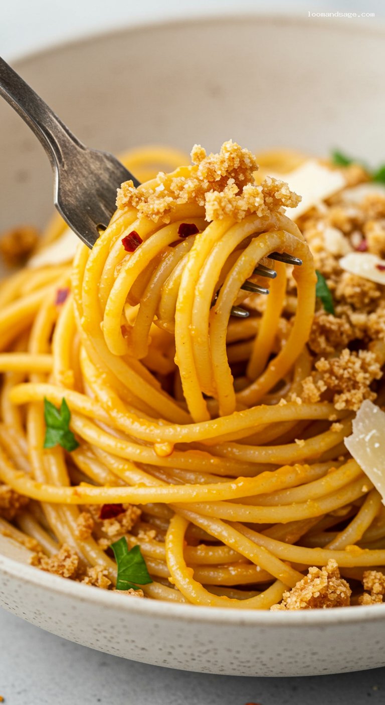 Creamy Pumpkin Pantry Pasta with Toasted Breadcrumbs – Closeup