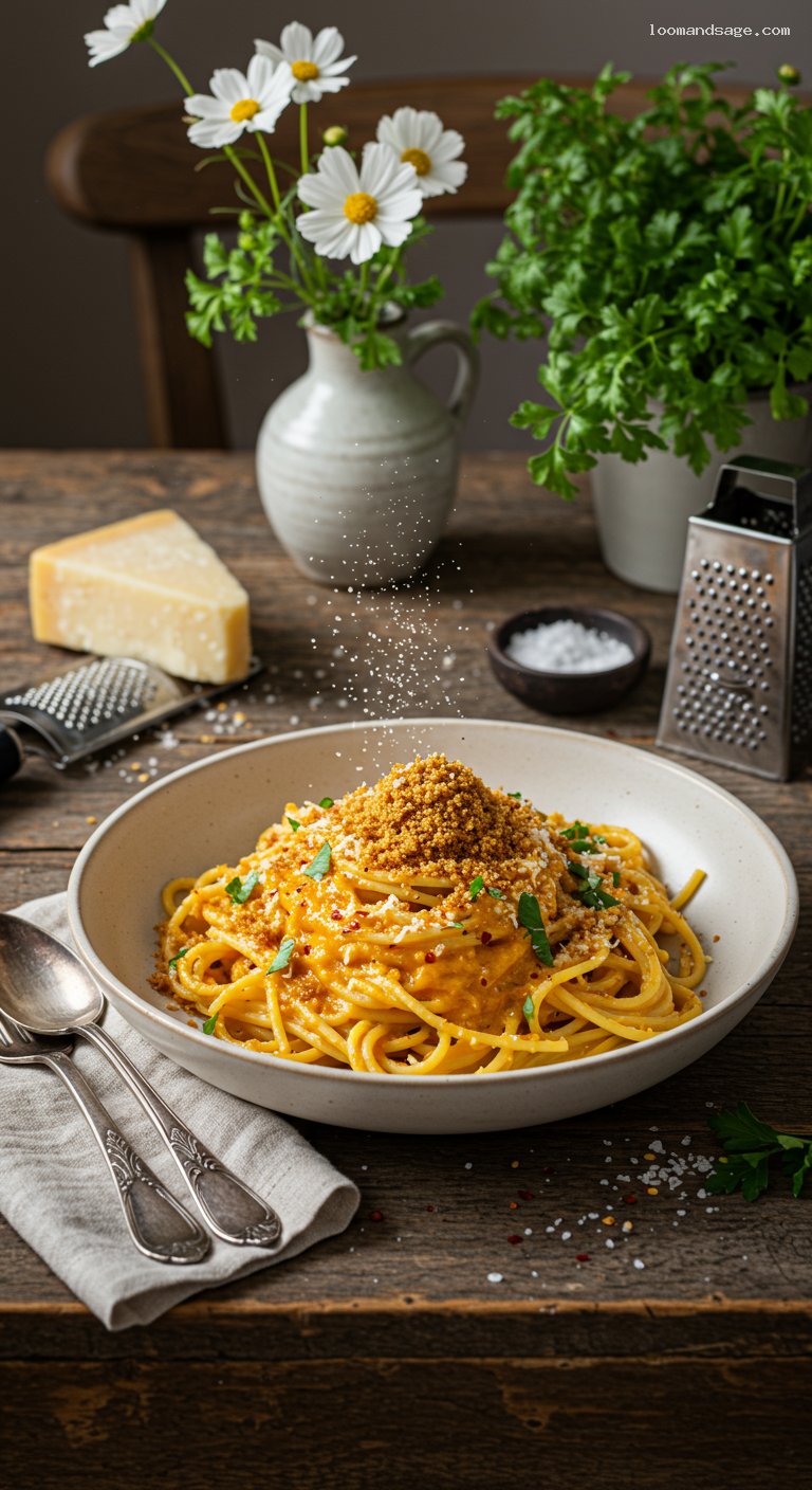 Creamy Pumpkin Pantry Pasta with Toasted Breadcrumbs