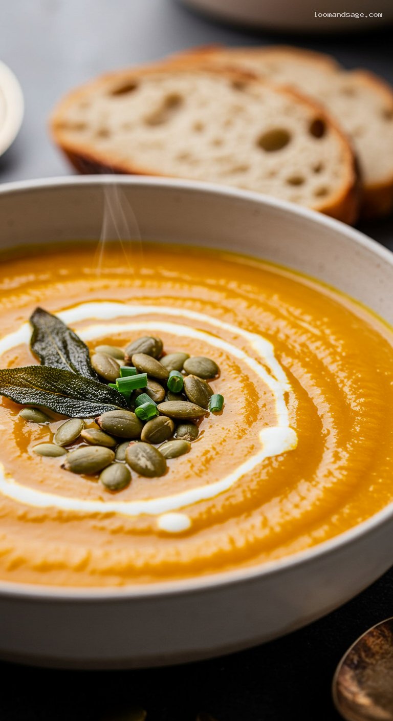 Creamy Roasted Butternut Squash Soup with Apple – Closeup