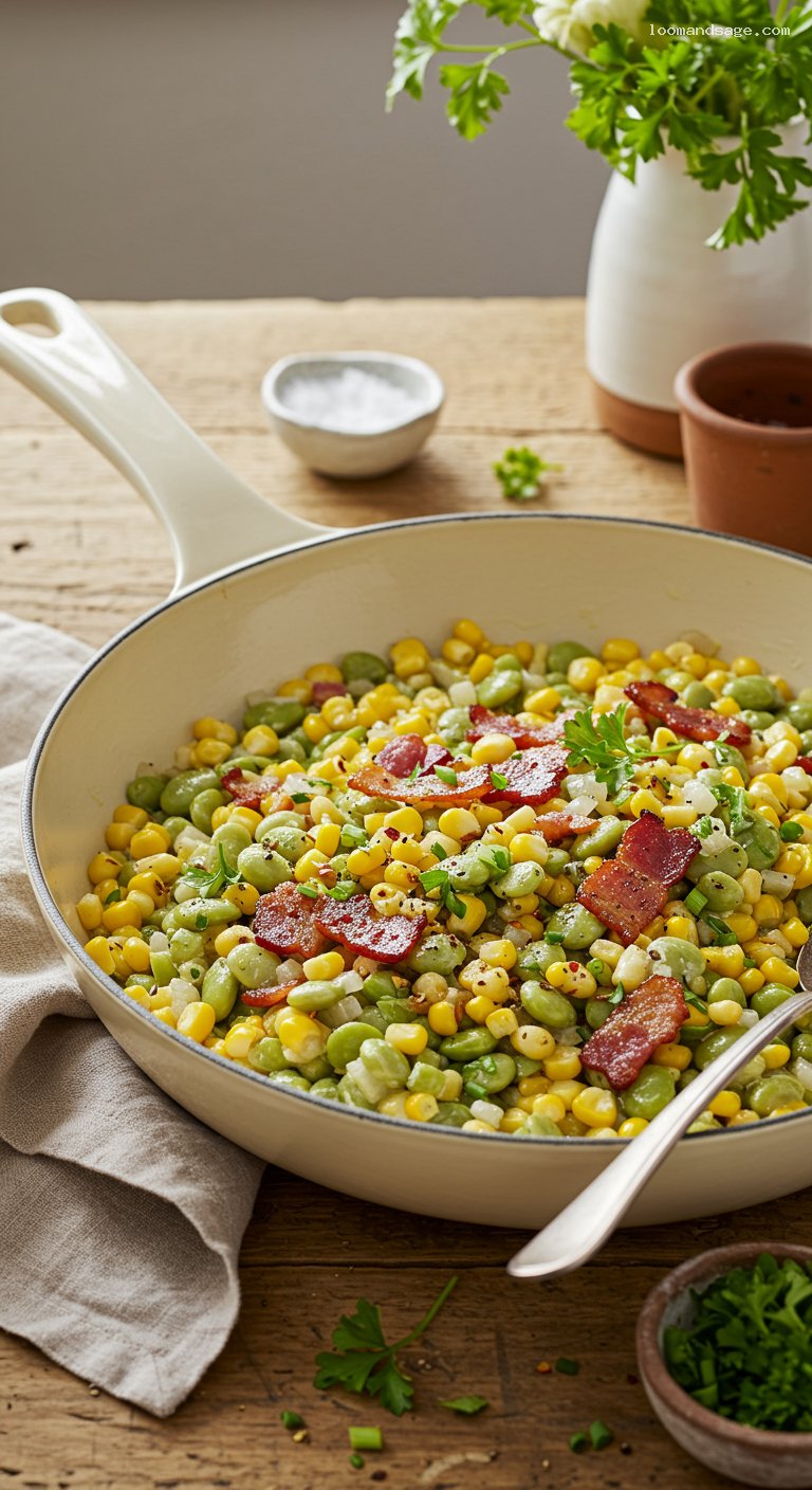 Creamy Southern Succotash with Bacon and Herbs