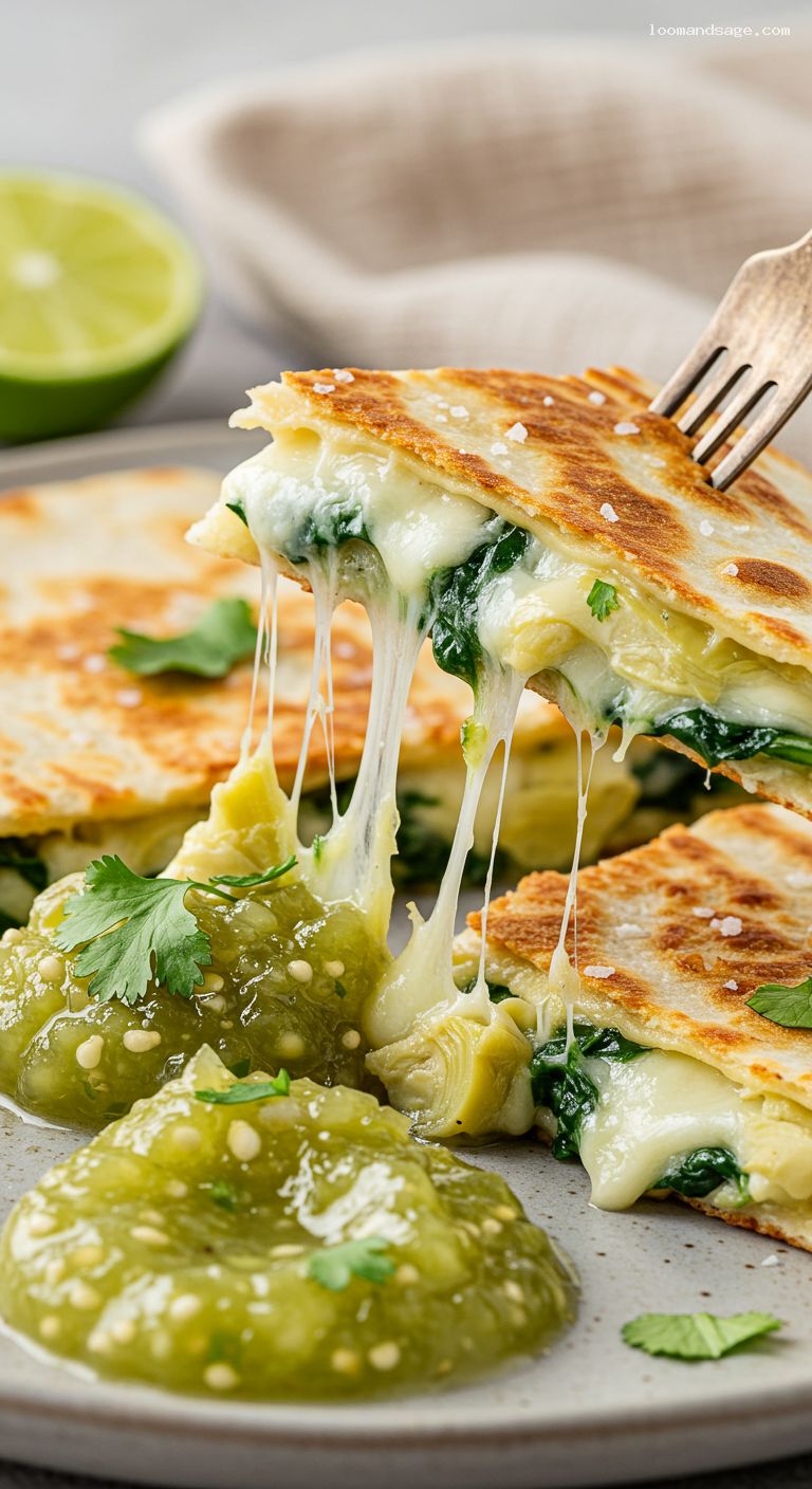 Creamy Spinach Artichoke Quesadillas with Salsa Verde – Closeup