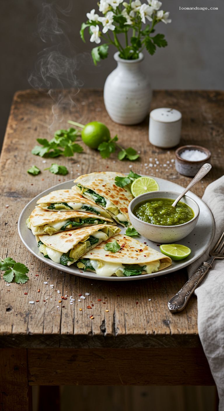 Creamy Spinach Artichoke Quesadillas with Salsa Verde