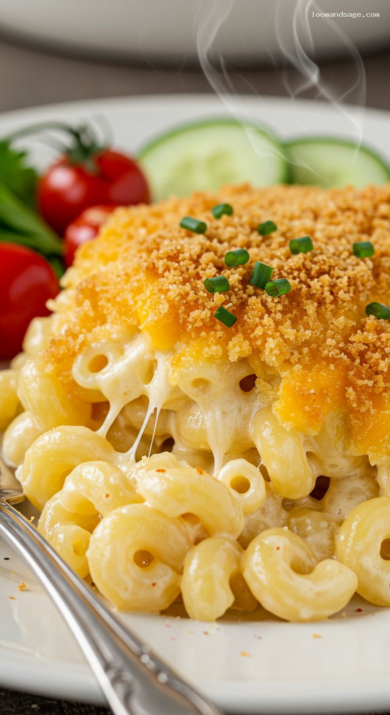 Creamy Three-Cheese Baked Mac and Cheese – Closeup