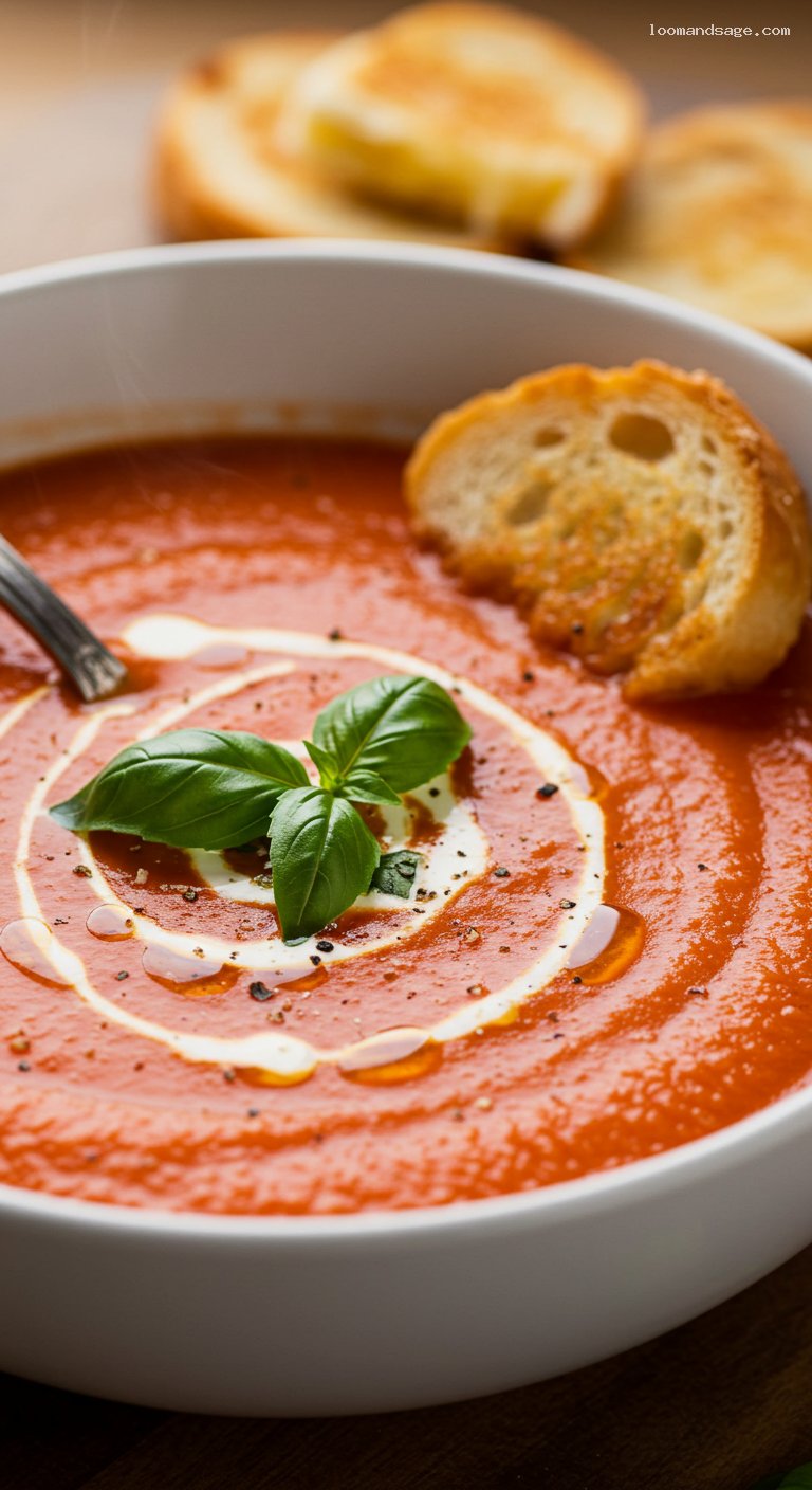 Creamy Tomato Basil Soup with Slow-Roasted Flavor – Closeup