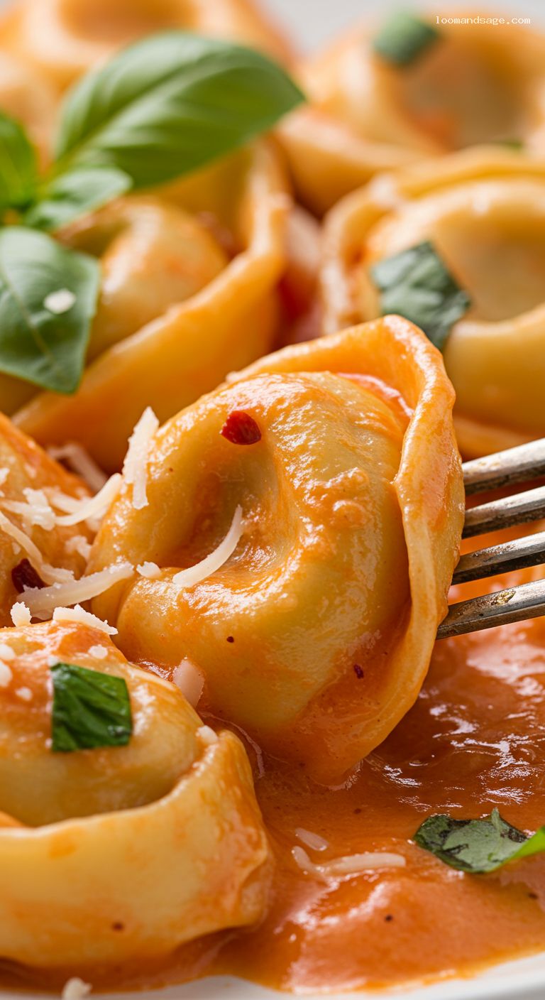 Creamy Tomato Basil Tortellini Skillet – Closeup