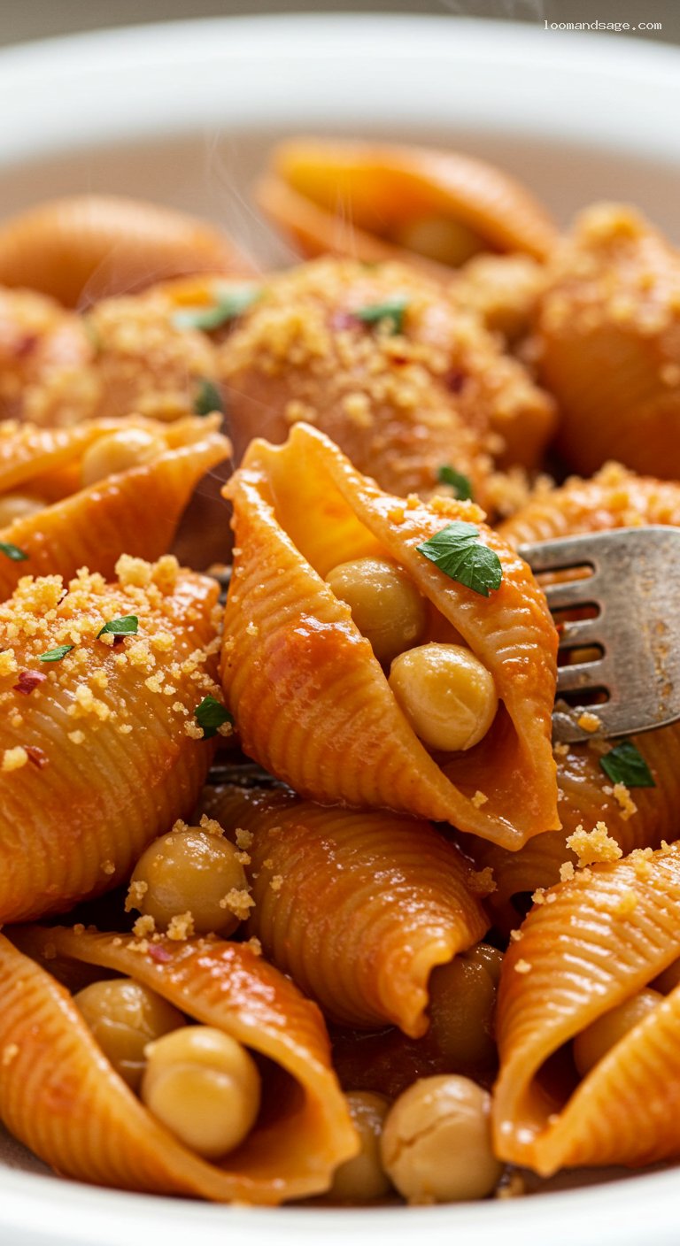 Creamy Tomato Chickpea Pantry Pasta with Toasted Crumbs – Closeup