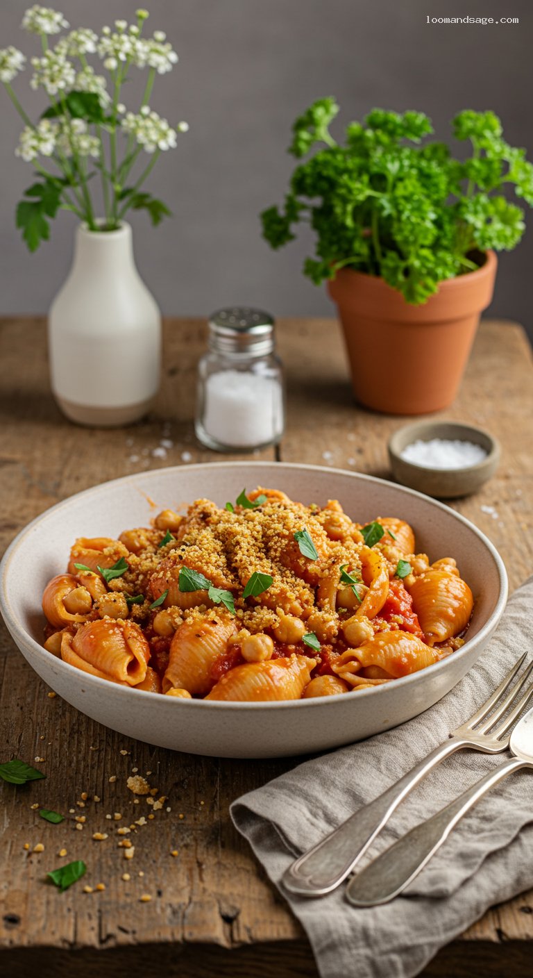 Creamy Tomato Chickpea Pantry Pasta with Toasted Crumbs