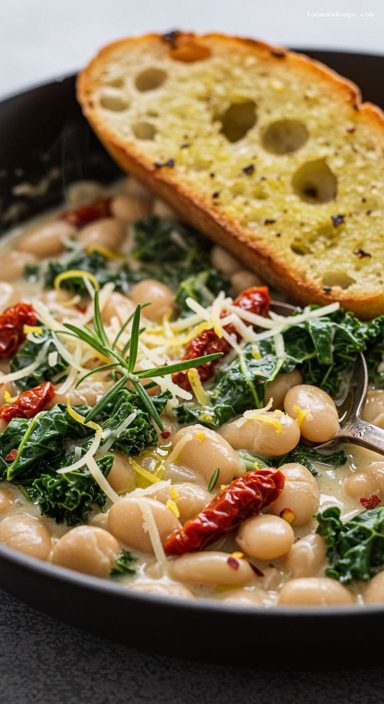 Creamy Tuscan White Bean and Kale Skillet – Closeup