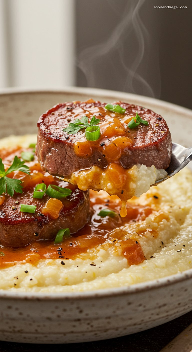 Creole Grillades and Grits with Tomato Gravy – Closeup