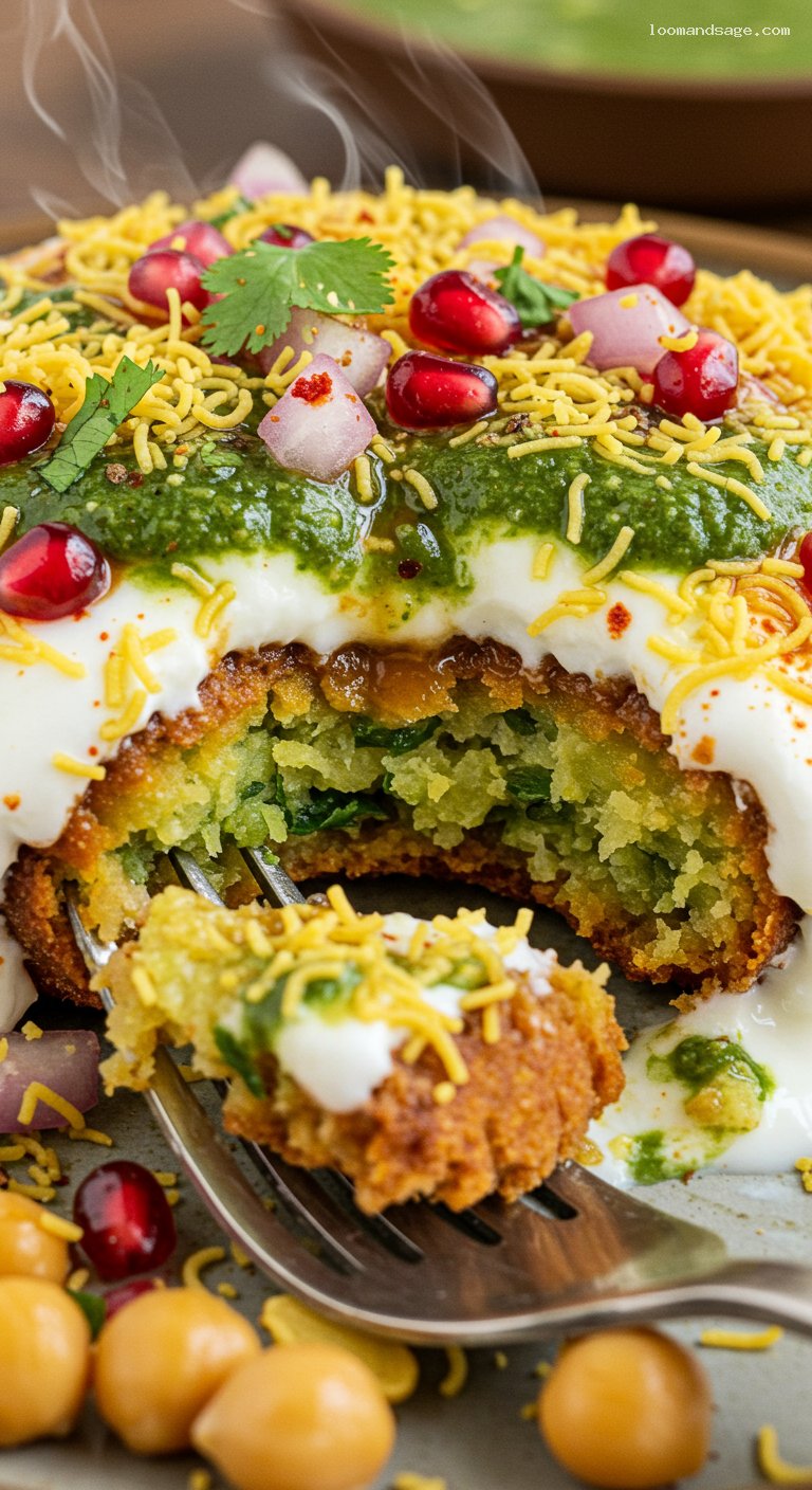 Crispy Aloo Tikki Chaat with Yogurt and Chutneys – Closeup