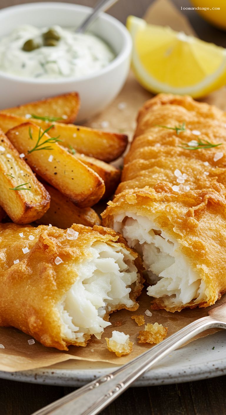 Crispy Beer-Battered Fish and Chips with Tartar Sauce – Closeup