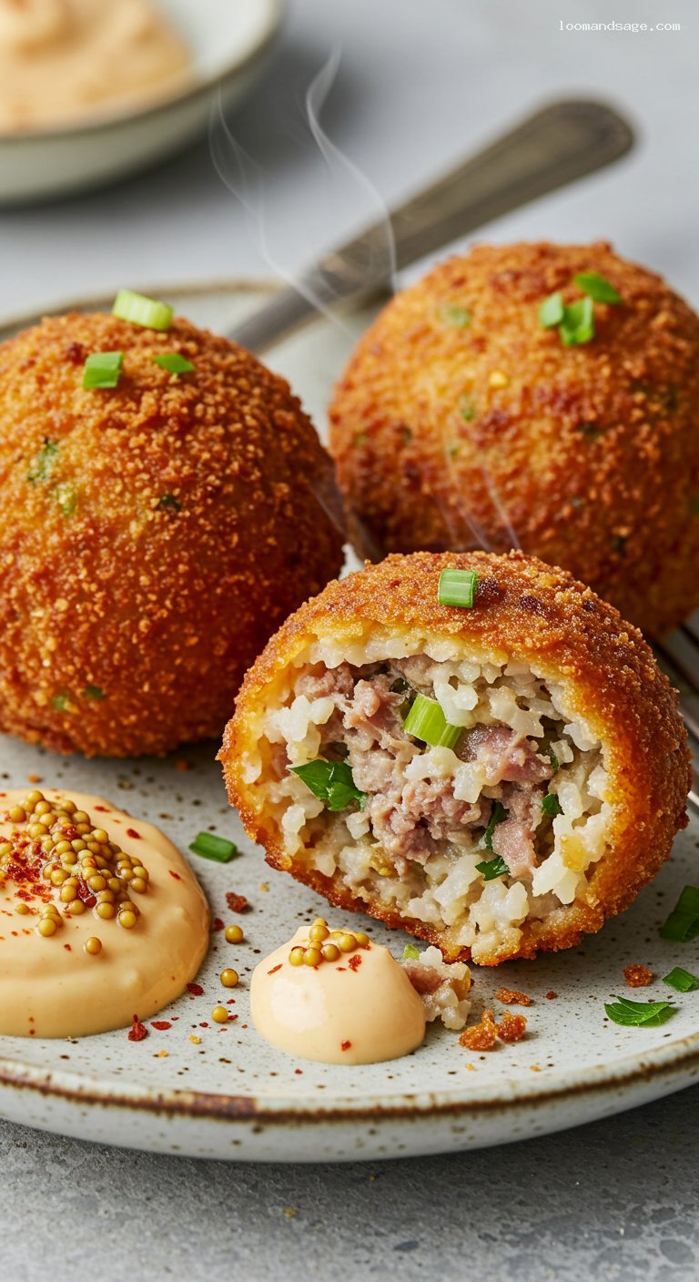 Crispy Cajun Boudin Balls with Creole Mustard – Closeup