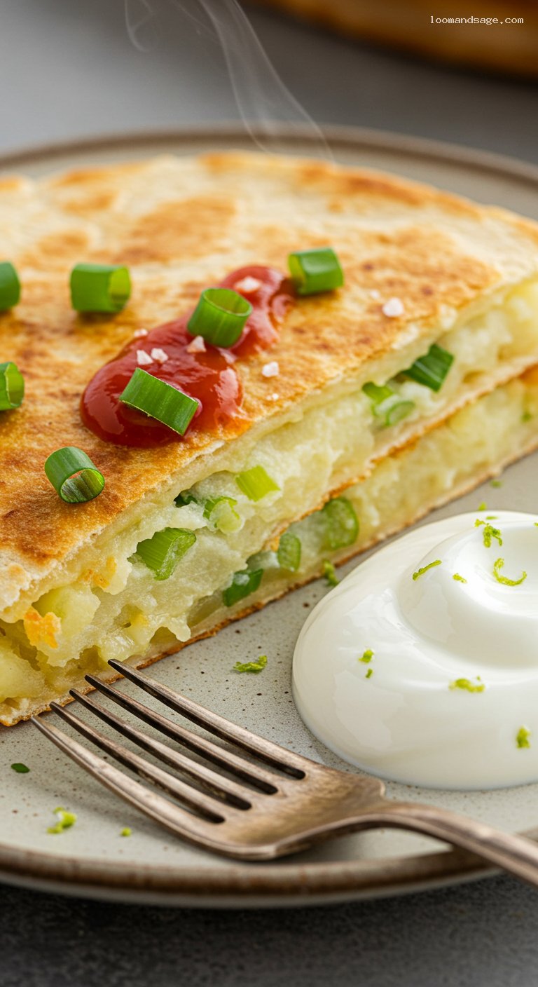 Crispy Mashed Potato Quesadillas with Yogurt Lime Dip – Closeup
