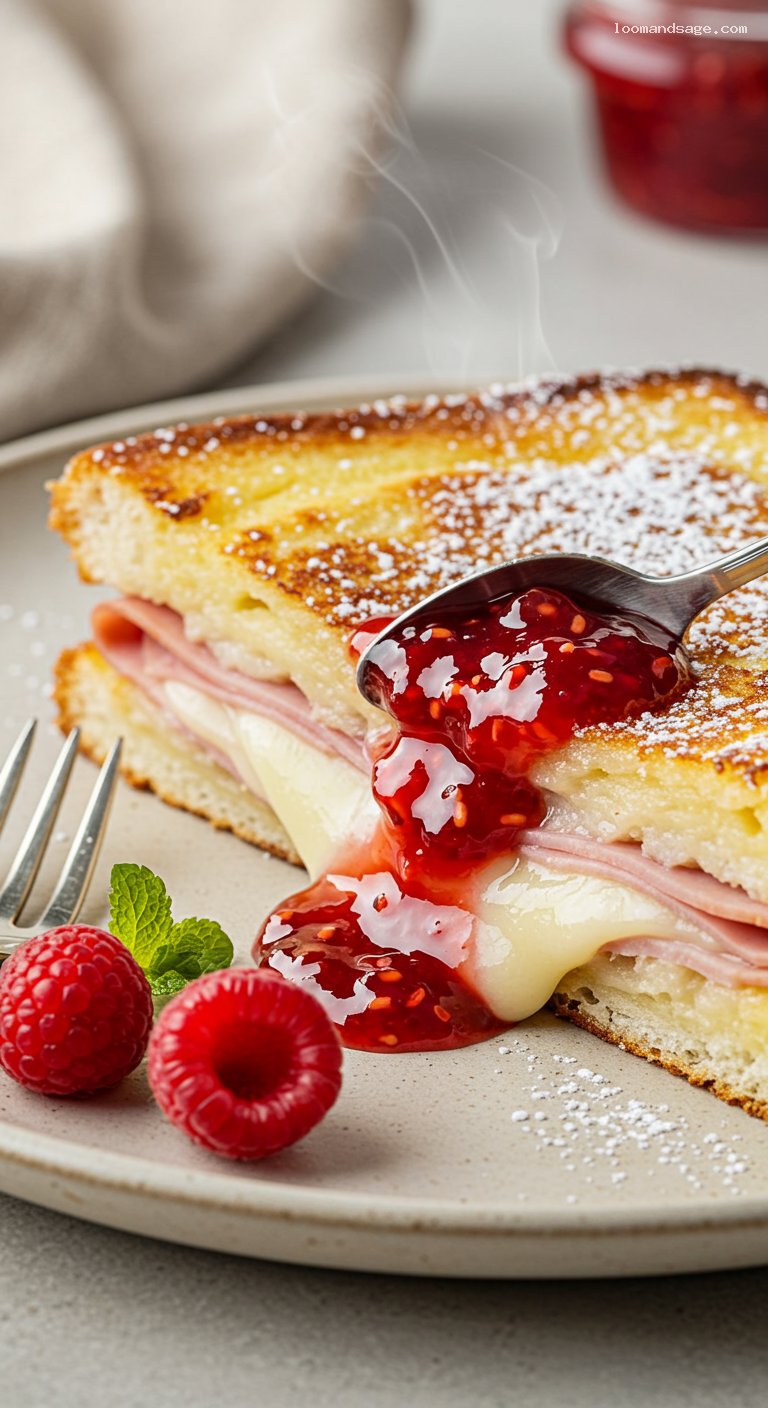 Crispy Monte Cristo Sandwich with Raspberry Jam – Closeup