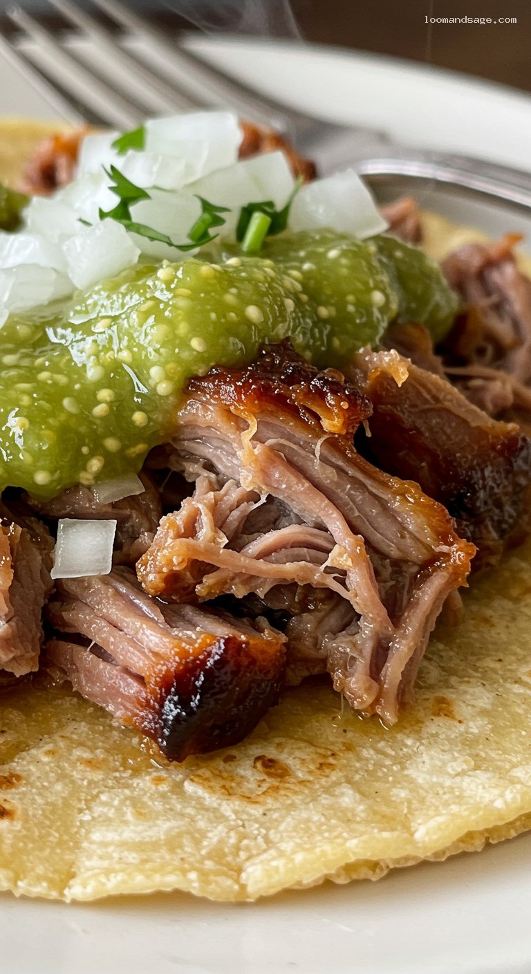 Crispy Orange-Cinnamon Carnitas Tacos with Salsa Verde – Closeup