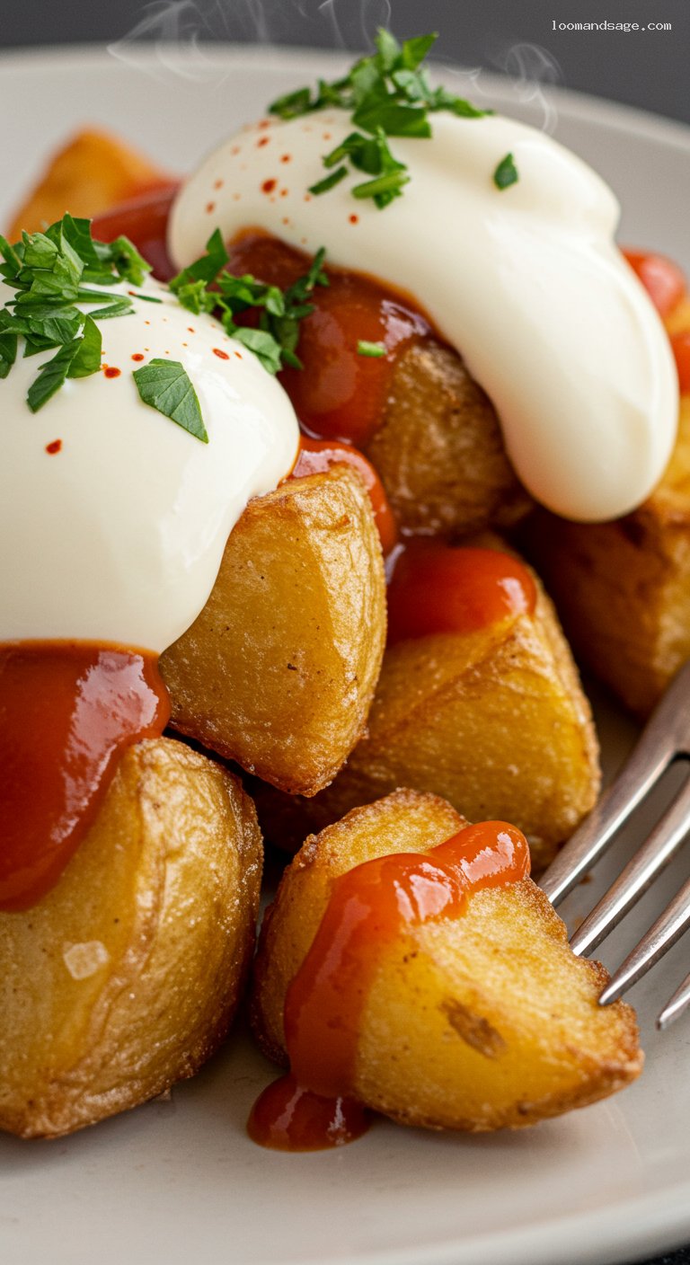 Crispy Patatas Bravas with Smoky Brava Sauce and Alioli – Closeup