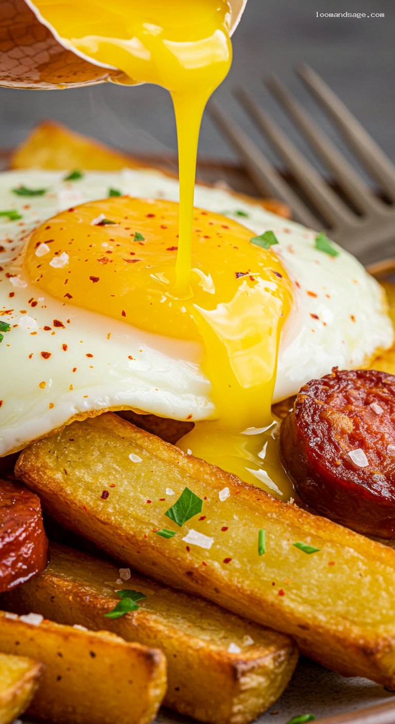 Crispy Patatas with Runny Eggs and Chorizo – Closeup