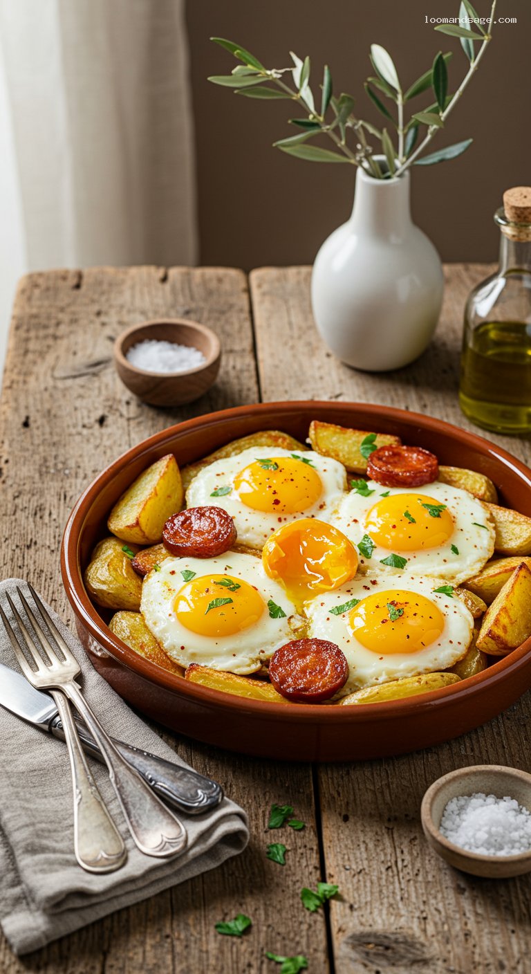 Crispy Patatas with Runny Eggs and Chorizo