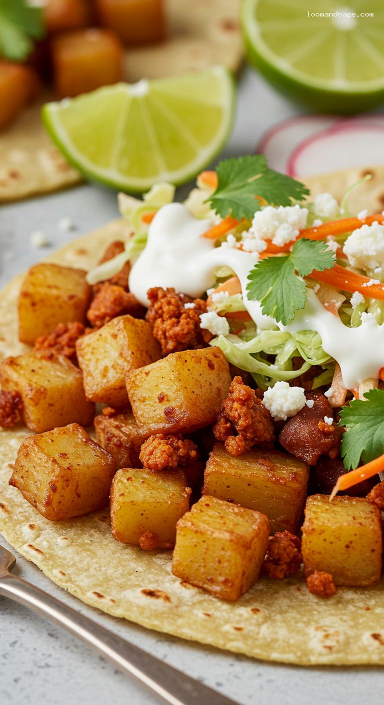 Crispy Potato and Chorizo Tacos with Lime Crema – Closeup