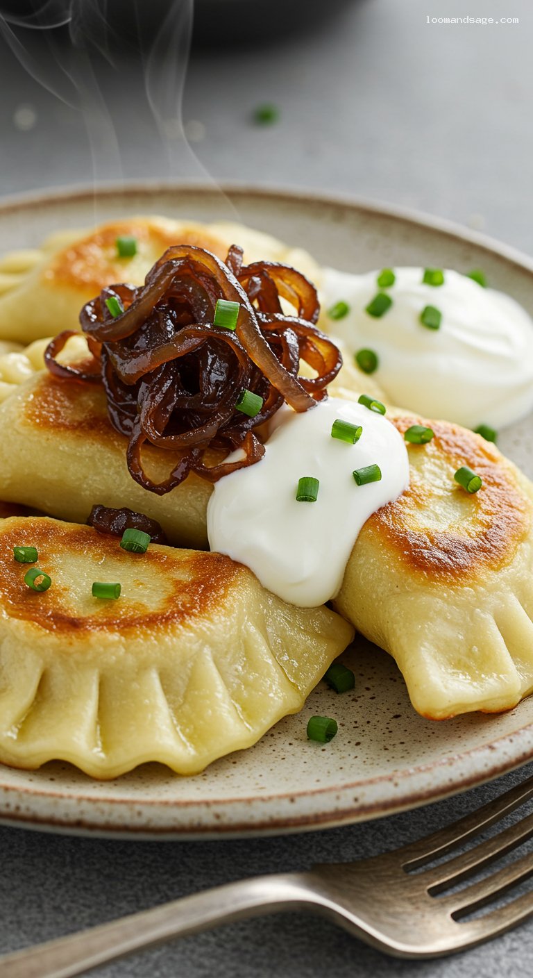 Crispy Potato Cheddar Pierogi with Caramelized Onions – Closeup
