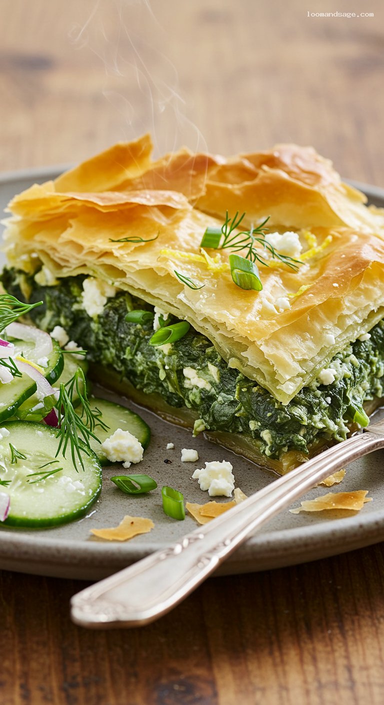 Crispy Spanakopita Pie with Spinach and Feta – Closeup