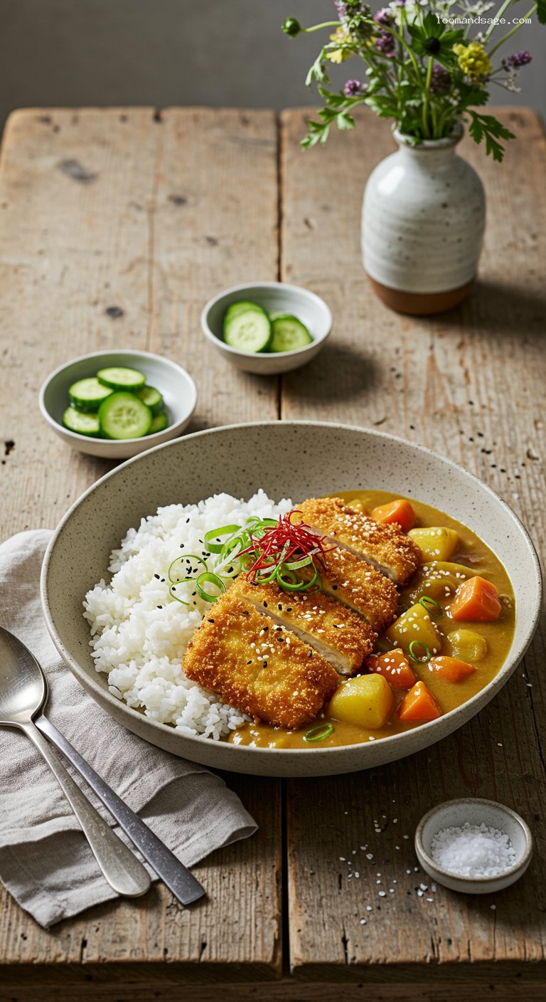 Crispy Tofu Katsu Curry with Rice and Pickles