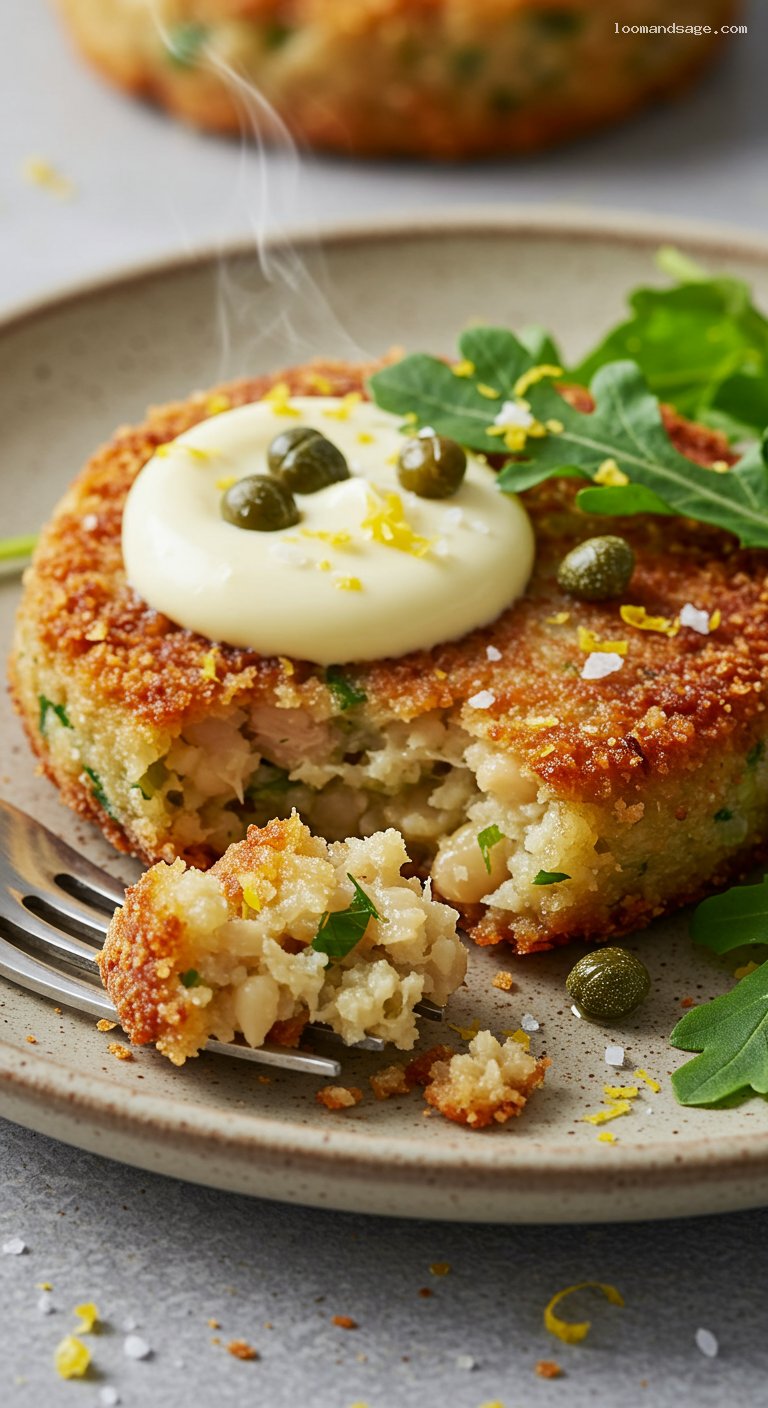 Crispy Tuna and White Bean Cakes with Tangy Mayo – Closeup