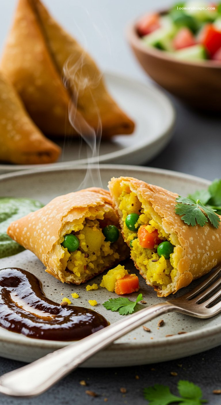 Crispy Vegetable Samosas with Mint and Tamarind Chutneys – Closeup