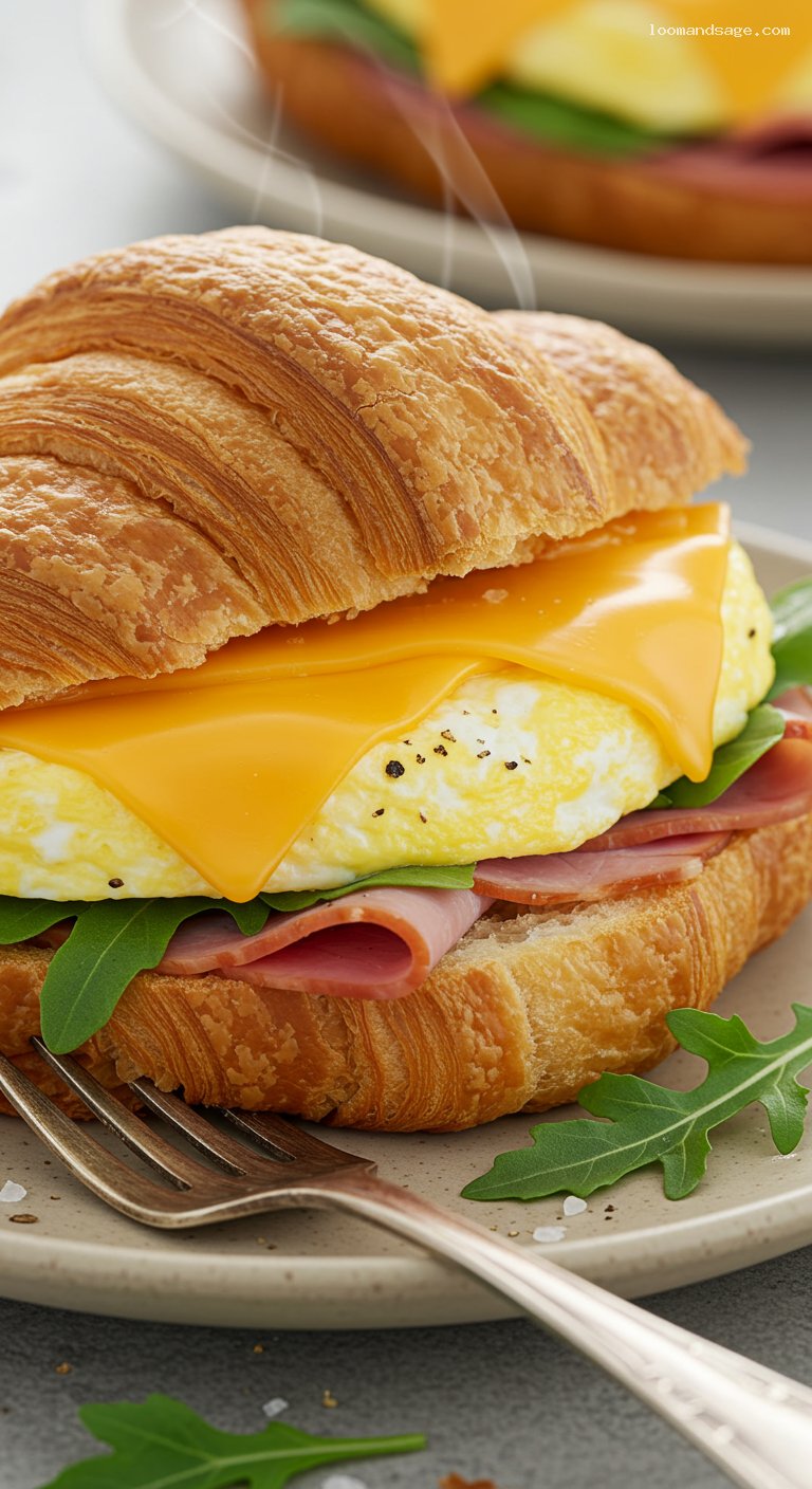 Croissant Breakfast Sandwich with Eggs, Ham, and Cheddar – Closeup