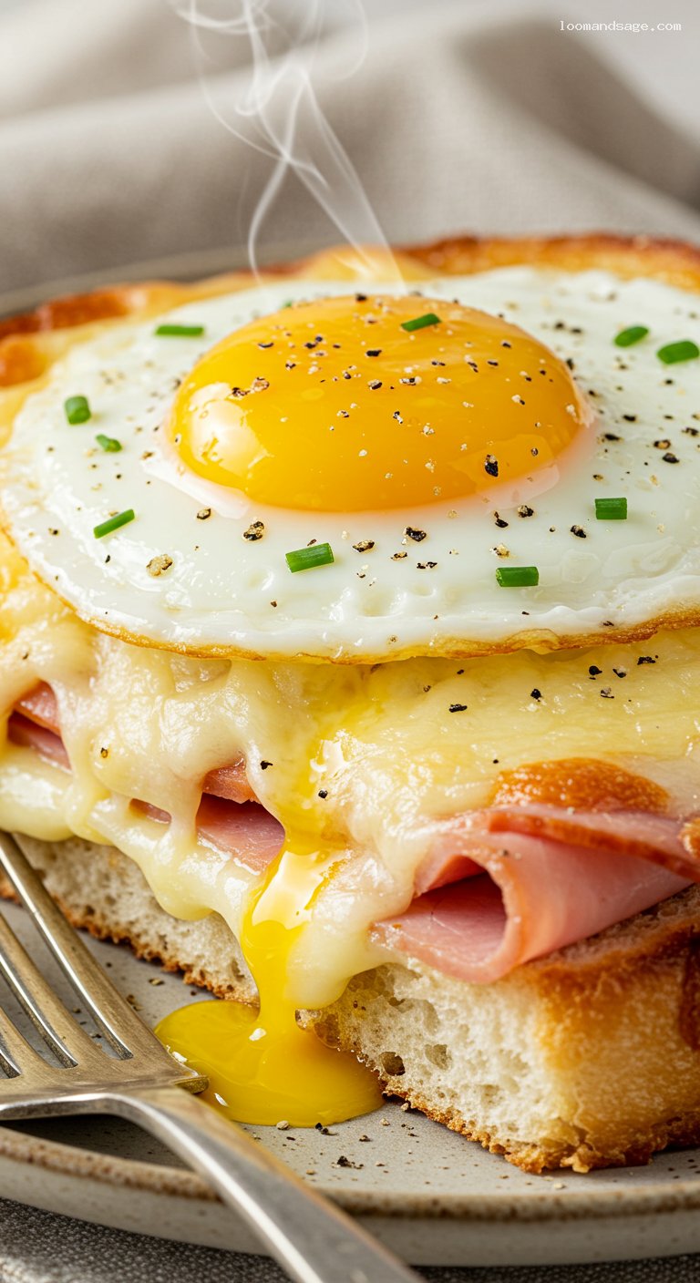 Croque Madame with Ham, Gruyère, and Fried Egg – Closeup