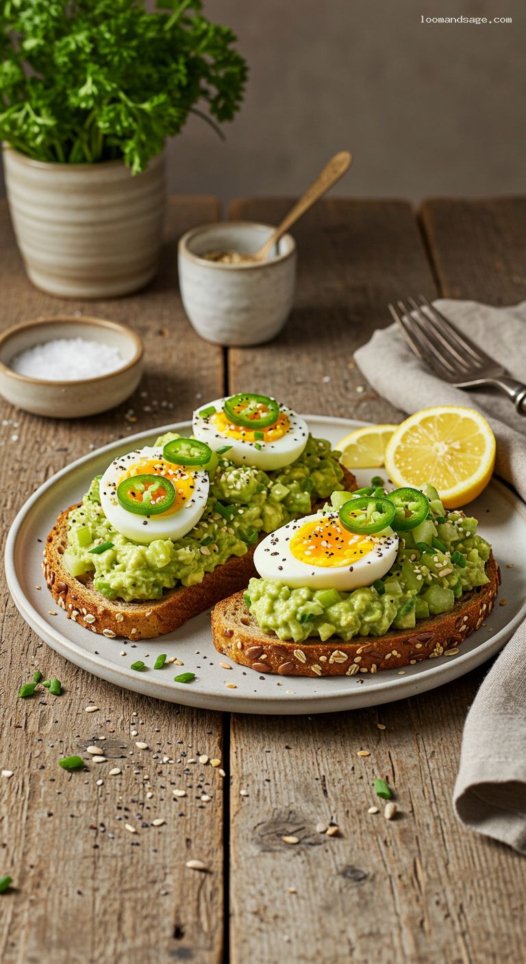 Crunchy Avocado Egg Salad Toasts with Pickled Jalapeños