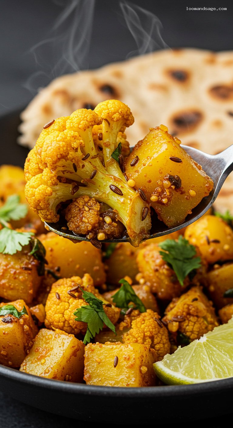 Dry-Fried Aloo Gobi with Kasoori Methi – Closeup