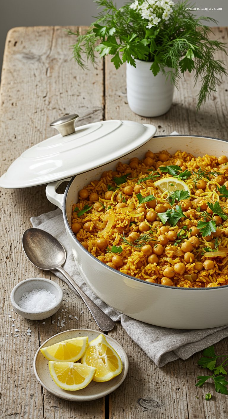 Dump-and-Bake Chickpea Rice Pilaf with Lemon and Herbs