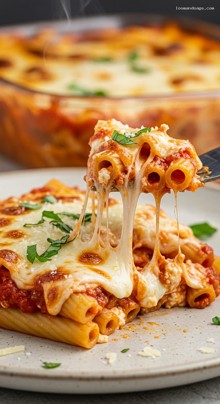 Easy Baked Ziti with Cottage Cheese – Closeup