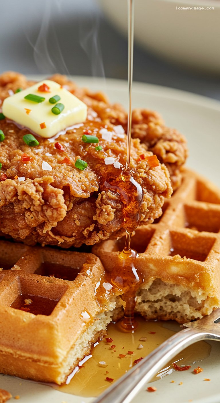 Extra-Crispy Chicken and Waffles with Maple Syrup – Closeup