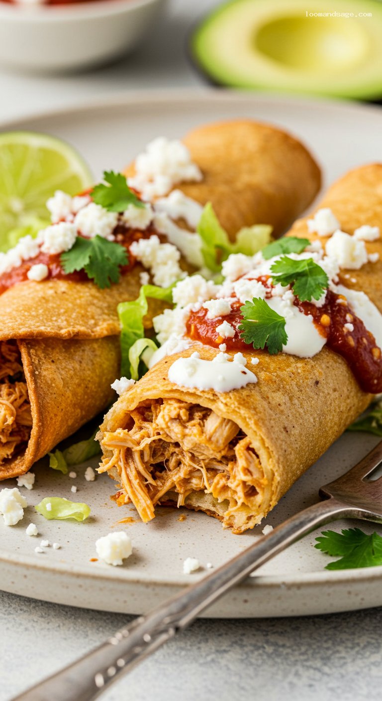 Extra-Crispy Chicken Flautas with Creamy Toppings – Closeup