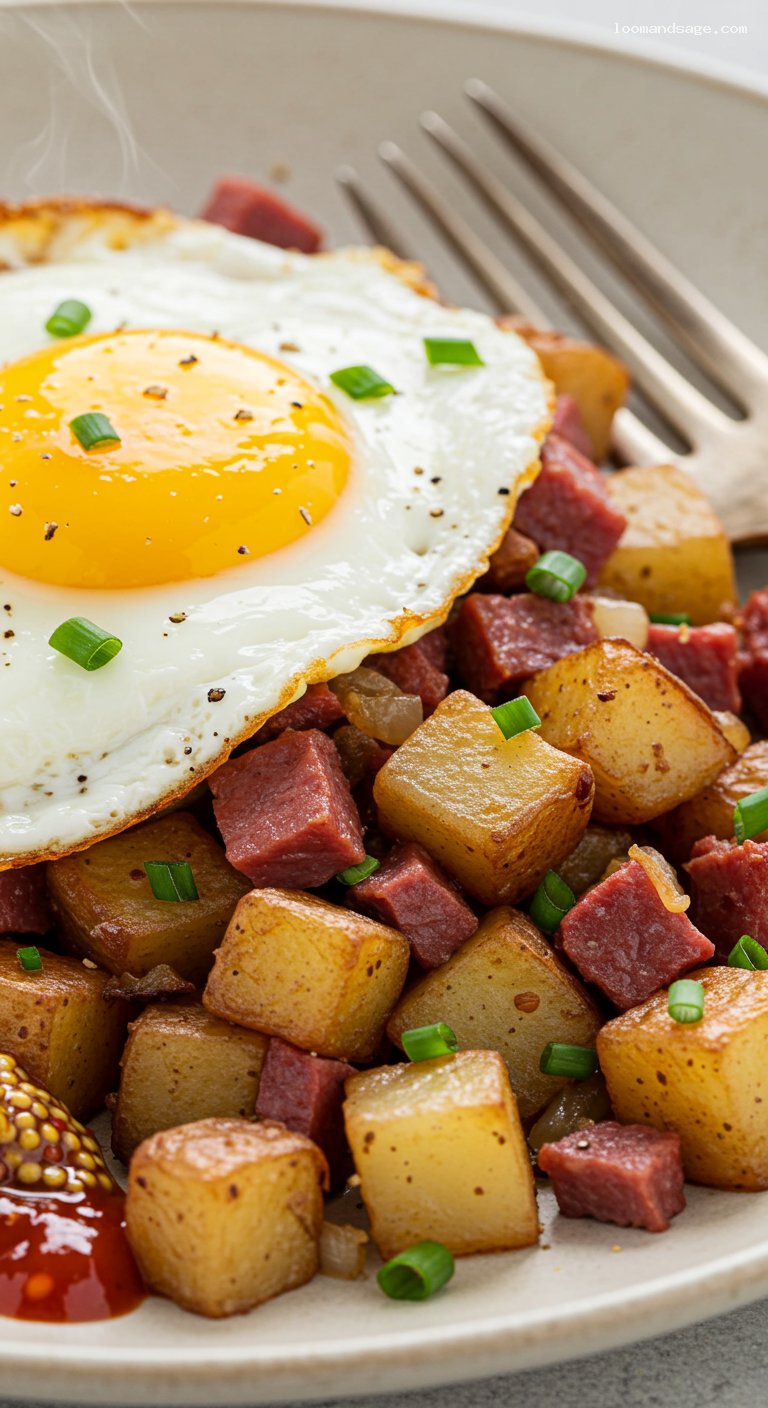 Extra-Crispy Corned Beef Hash with Runny Eggs – Closeup