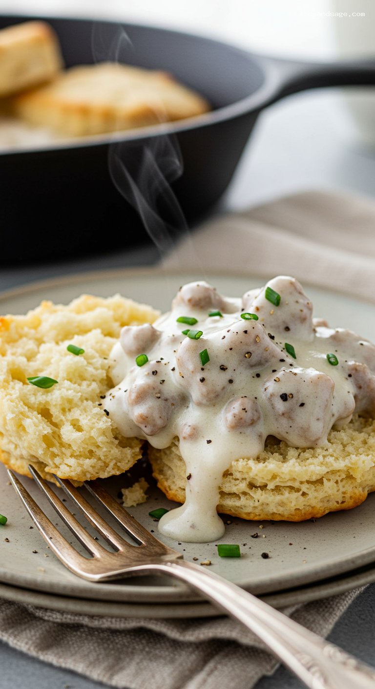 Extra-Flaky Biscuits with Peppery Sausage Gravy – Closeup