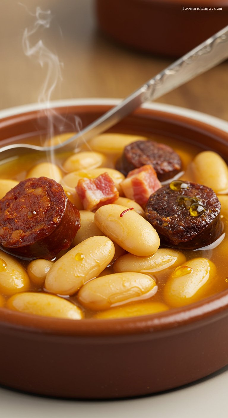 Fabada Asturiana with Chorizo, Morcilla, and Saffron – Closeup