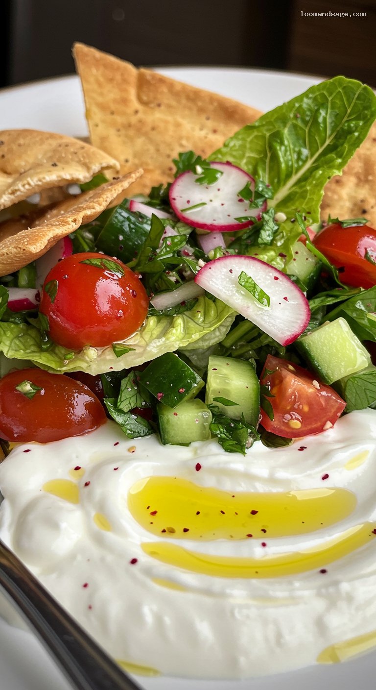 Fattoush Salad with Sumac Vinaigrette and Labneh – Closeup
