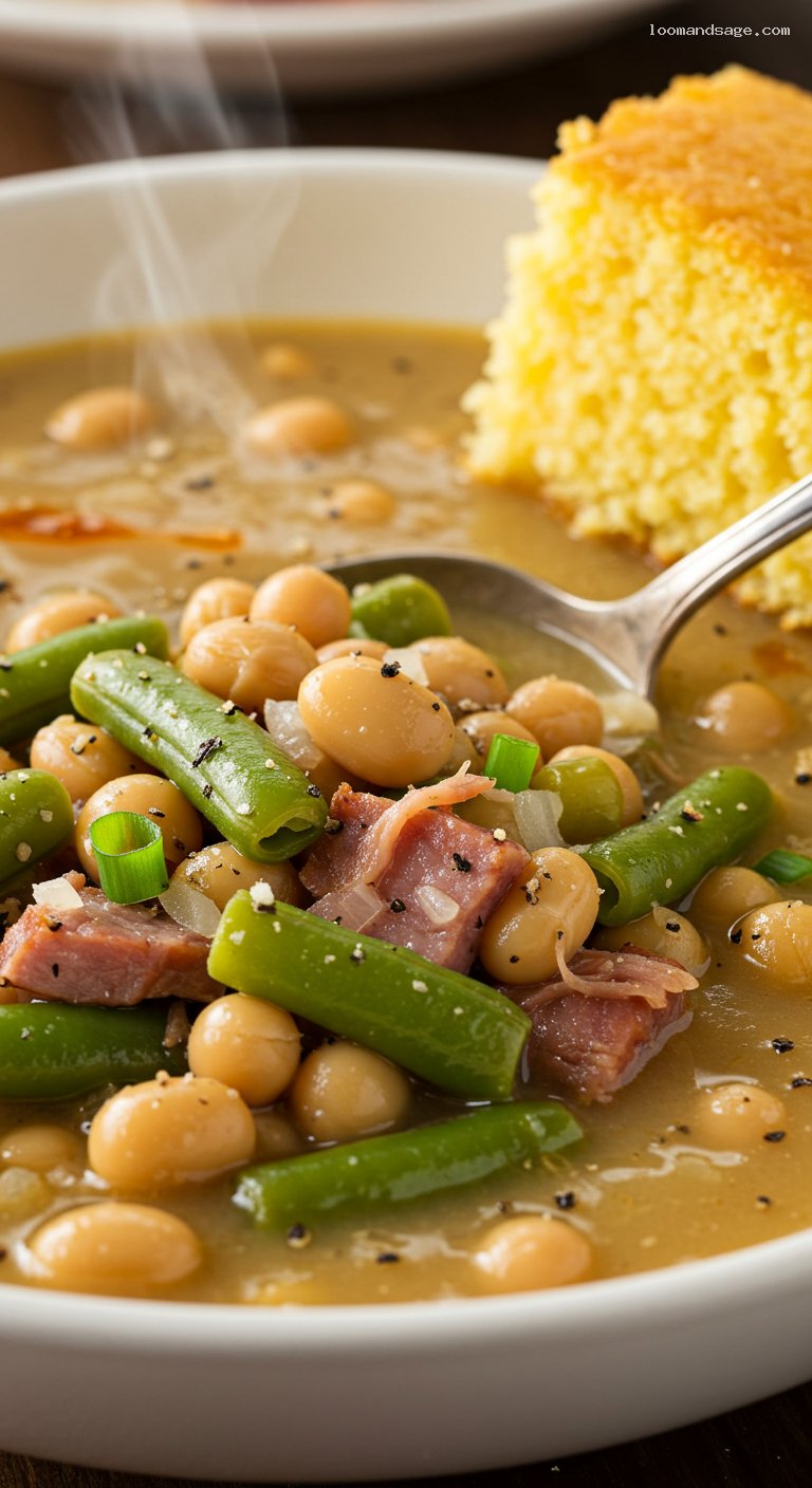 Field Peas and Snaps with Ham Hock and Cornbread – Closeup